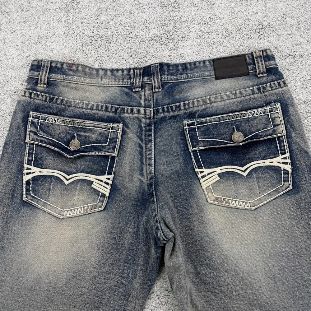 GS-115 Jean Short Mens 40 Blue Baggy Stitched Flap Pocket Distressed Hip Hop Y2K